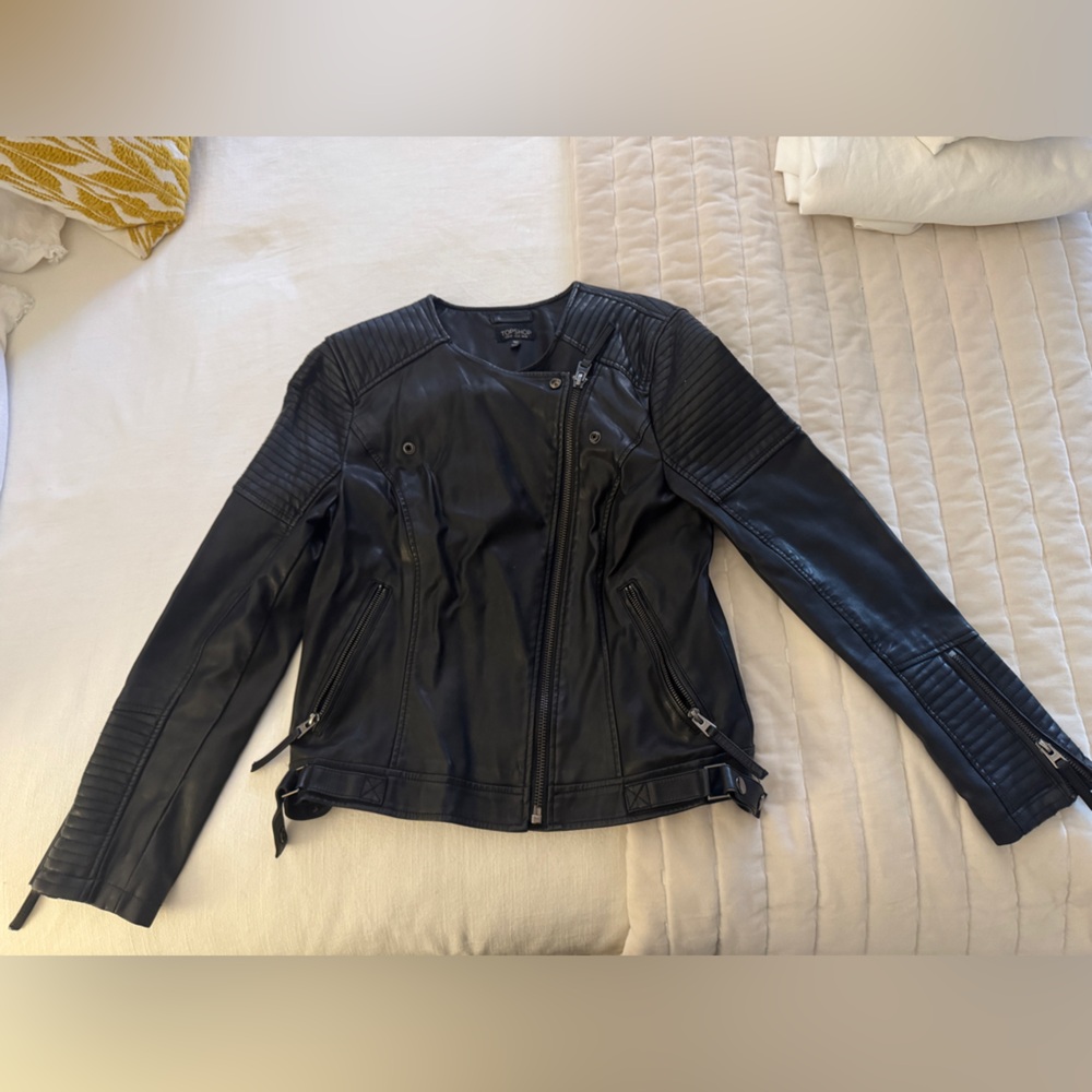 Topshop Black Leather Jacket with Quilted Details